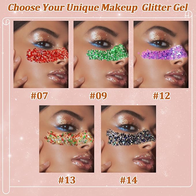 Boko 50ML Body Glitter Gel, Red Chunky Glitter Gel for Face Hair Body Love Heart Makeup, Mermaid Face Glitter Sequins for Festival Music Concert Party Event Rave Accessories