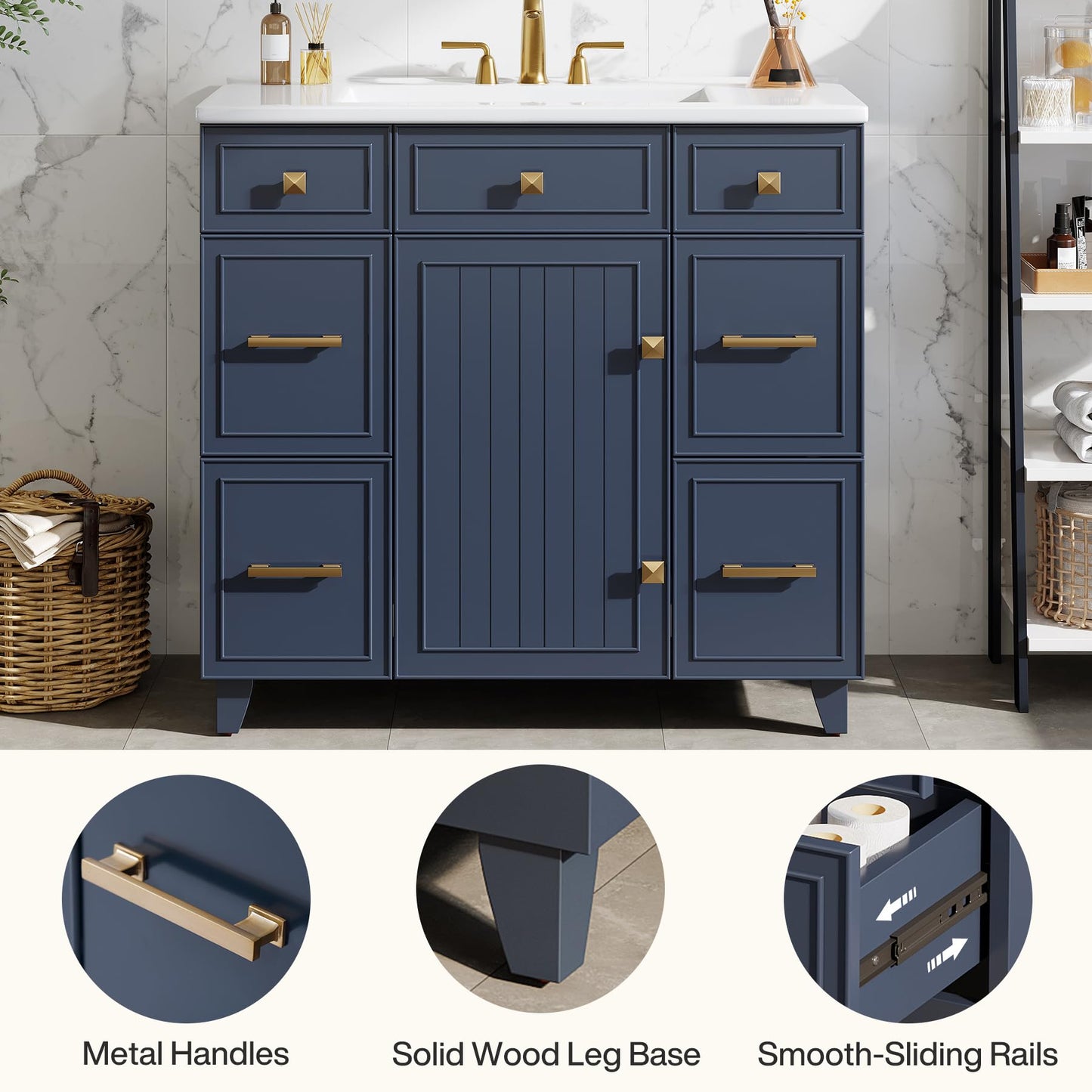 Tribesigns 36 Inch Bathroom Vanity with Sink, Modern Bathroom Cabinet with Soft-Closing Door & 4 Drawers, Adjustable Shelf, Solid Wood Frame Bath Storage Vanity Sink with Metal Handles, Navy Blue