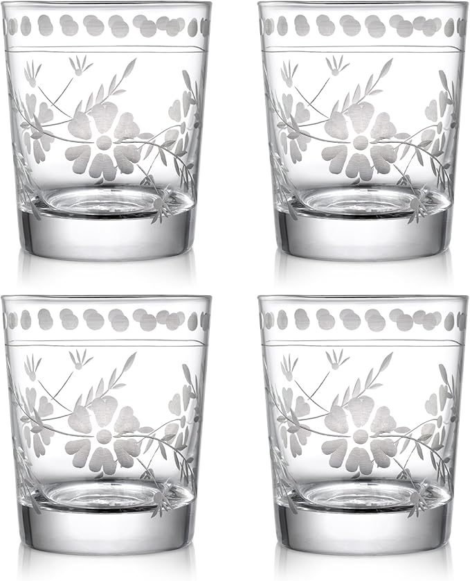 Joeyan Hand Blown Etched Drinking Glasses,Clear Water Glass Cups with Floral Pattern,Aesthetic Tumblers Glassware Set for ...