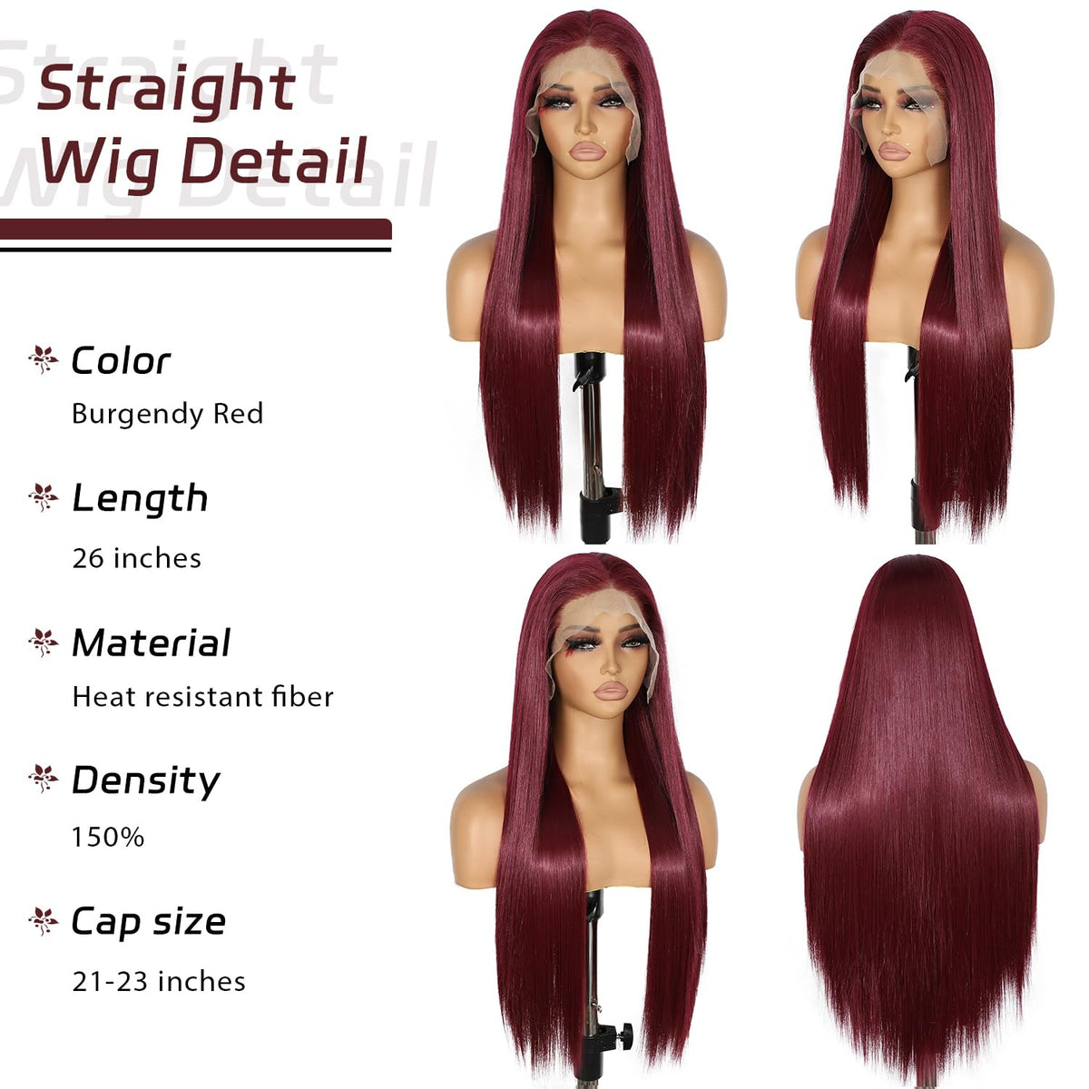 SAPPHIREWIGS 13x6 Burgundy Red Lace Front Wigs Pre-Plucked 99J Long Straight Glueless Synthetic Lace Front Wigs Ready to Wear fo