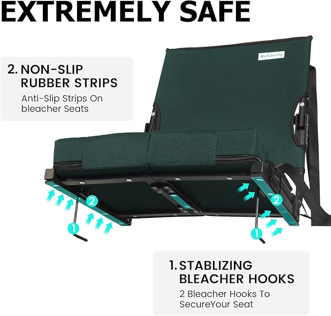behairity Portable Stadium Seat for Bleachers with Back Support, Wide Padded Bleacher Chair with High Back and Thick Cushion for Adults, Folding Stadium Chair for Football Sports Events (Green)