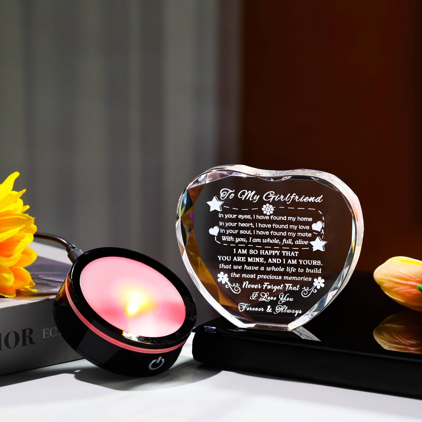 YWHL Gifts for Girlfriend with Colorful Base Romantic Heart Crystal Keepsakes to My Girlfriend Gifts from Boyfriend on Birthday Anniversary I Love You Gifts for Her