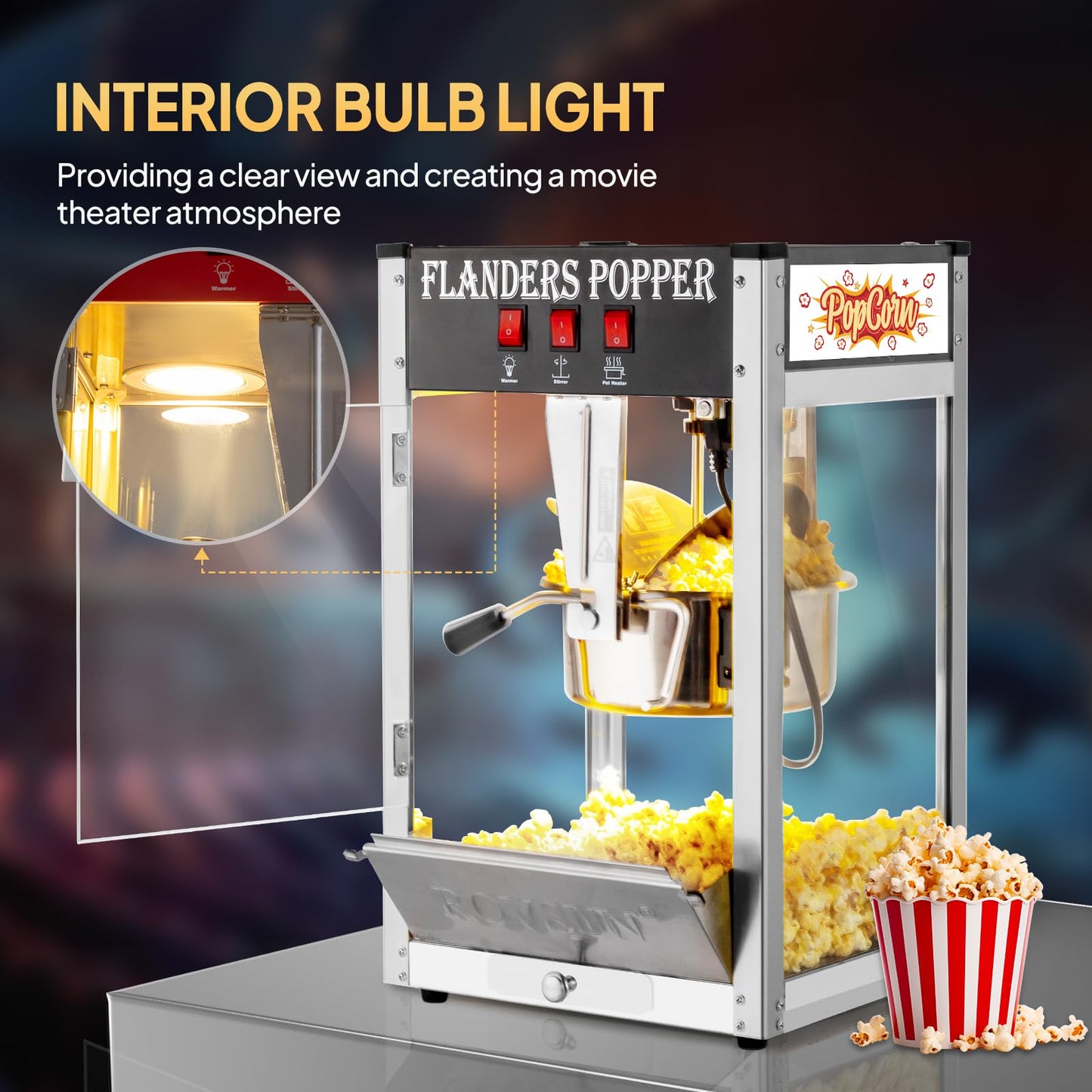 ROVSUN Popcorn Machine with 8 Ounce Kettle Makes Up to 32 Cups, Commercial Popcorn Machine Countertop Popcorn Maker w/Stainless Steel Scoop, Oil Spoon & 3 Popcorn Cups for Home Movie Theater, ETL