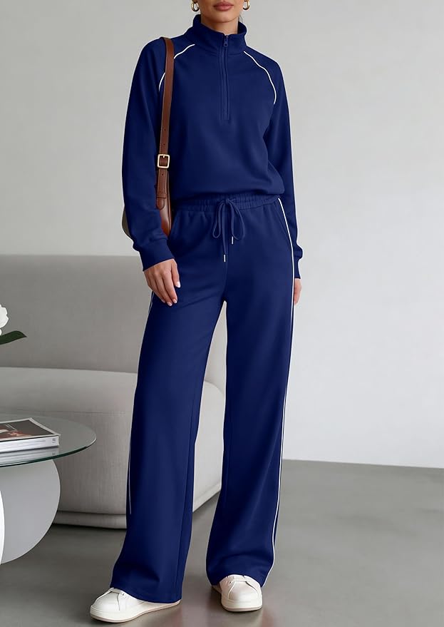 PRETTYGARDEN Women's 2 Piece Outfits Casual Lapel Half Zip Sweatshirts and Wide Leg Pants Tracksuit Sets