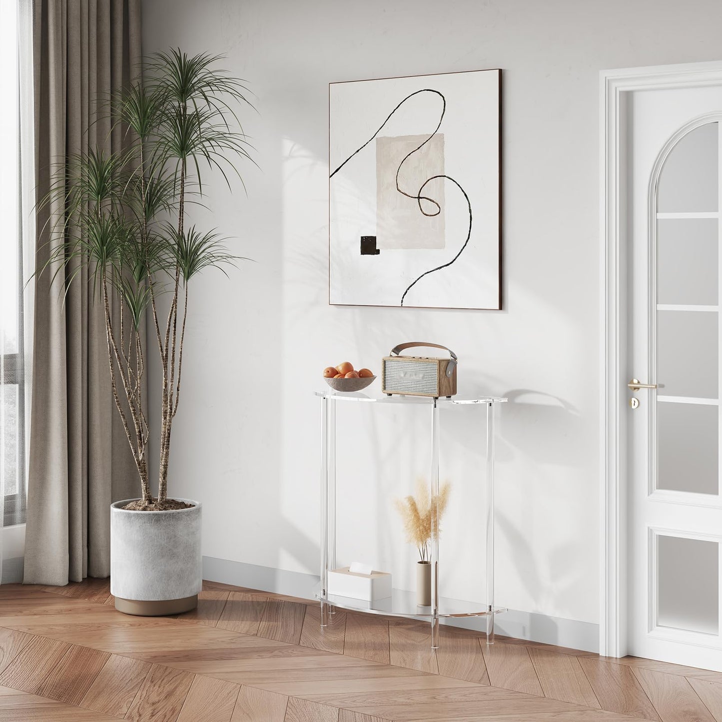 DOHWSK Acrylic Console Table, 2-Tier Half Moon Sofa Couch Table with Storage Shelf, 29.53" Narrow Entryway Table for Bedroom, Living Room, Foyer, Hallway (Clear)