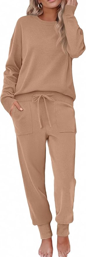 Ekouaer Women's 2 Piece Lounge Set Long Sleeve Knit Pajamas Sweatsuit Jogger Pant Outfits With Pockets S-XXL