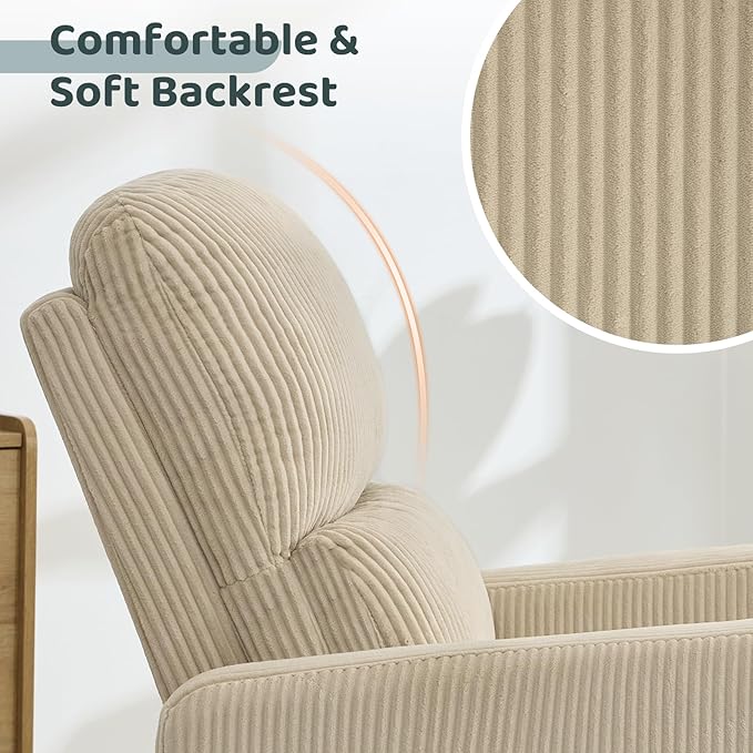 AEMEIOS Swivel Rocker Recliner, Oversized Manual Nursery Glider Rocking Recliner Chair with Removable Cushion, Upholstered Swivel Reclining Chair for Nursery Living Room Bedroom, Corduroy Camel
