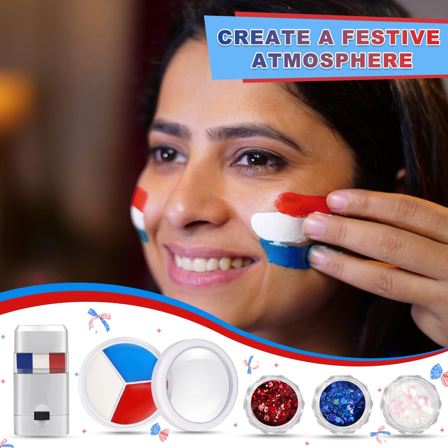 19 Pcs Patriotic Face Paint Kit Red White Blue Face Paint Kit with Glitter Stencil Stickers Paint Stick Makeup Brush for Indepen
