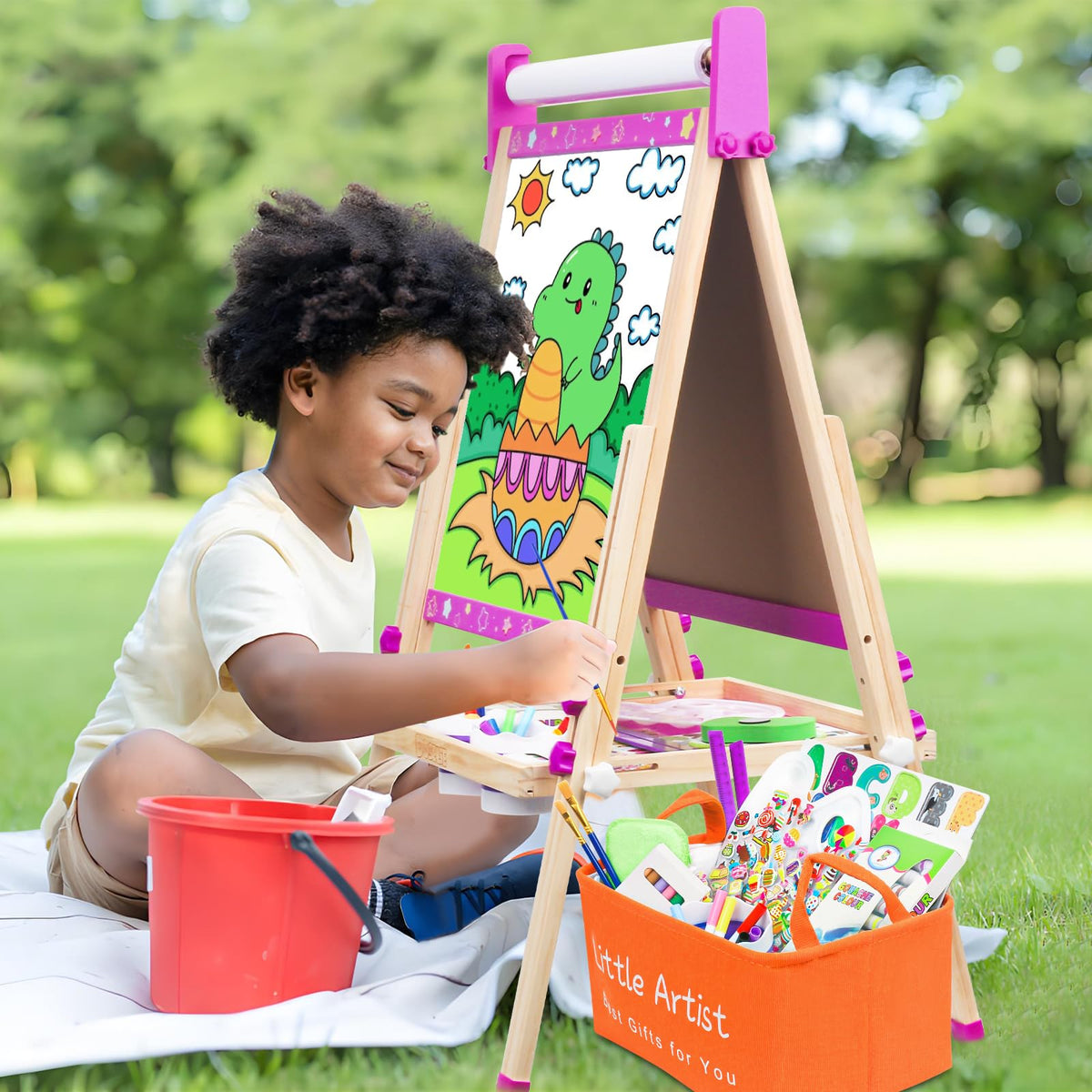 Easel for Kids Toys,Toddler Art Easel with Art Supplies, Height Adjustable Double-Sided Magnetic Dry Eraser Whiteboard and Chalk Board with Paper Roll,2 3 4 5 6 7 8 9 10 Year Old Girl Birthday Gifts