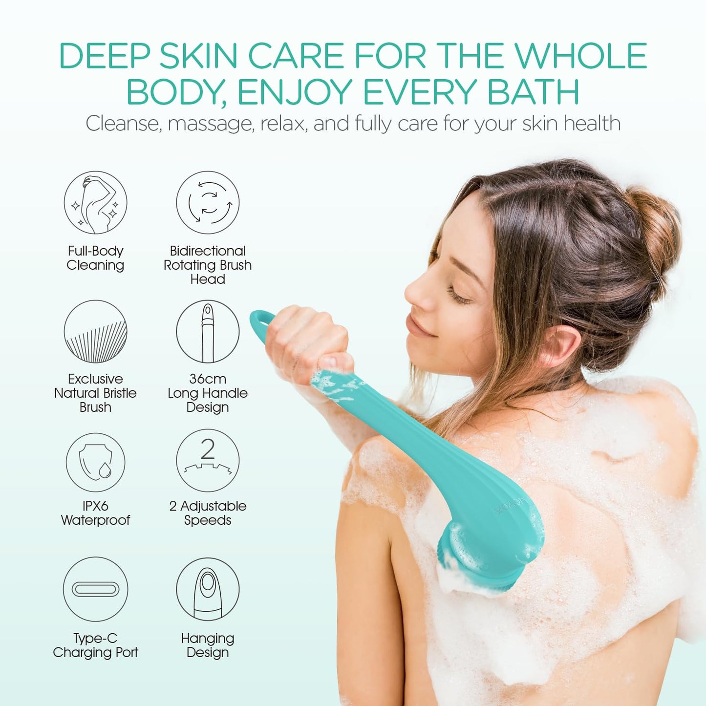 VOYOR Electric Body Brush Back Scrubber Silicone Body Scrubber Two-Way Rotating Brush Head for Deep Cleaning, Exfoliation, 4 Att