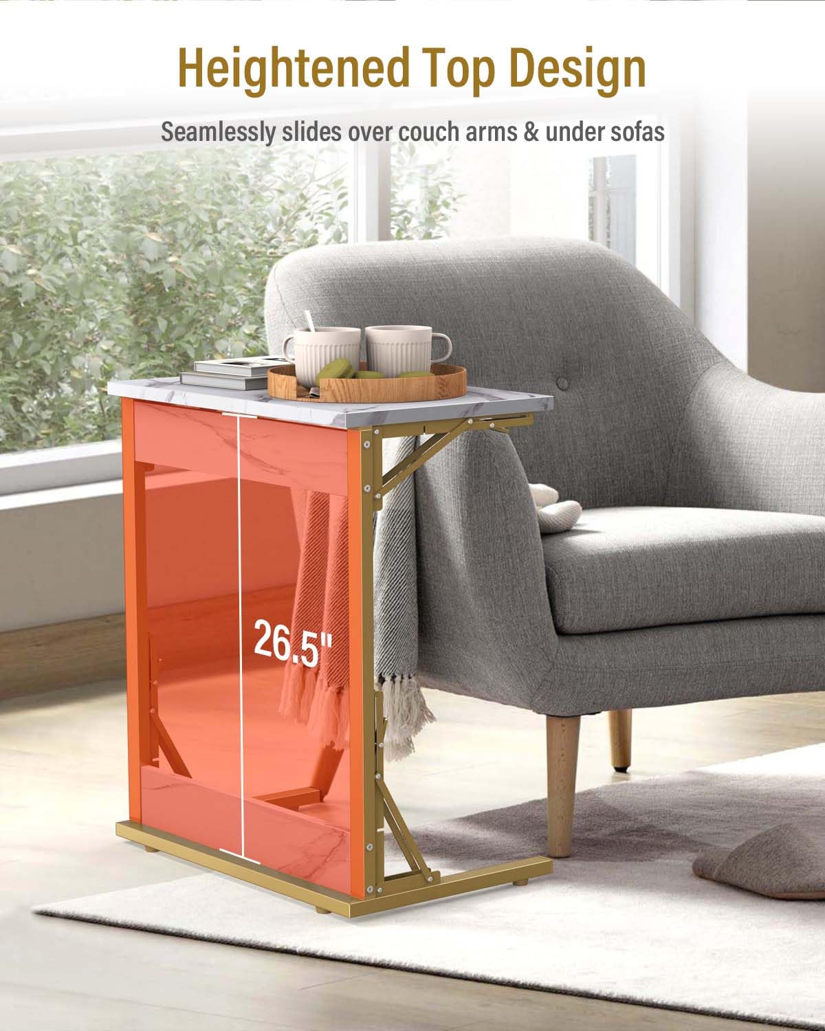 Tatub 24" Folding TV Tray Table, Marble C Shaped End Table for Couch, Small Sofa-Side Laptop Desk with Gold Metal Frame for Living Room, Bedroom, Bedside