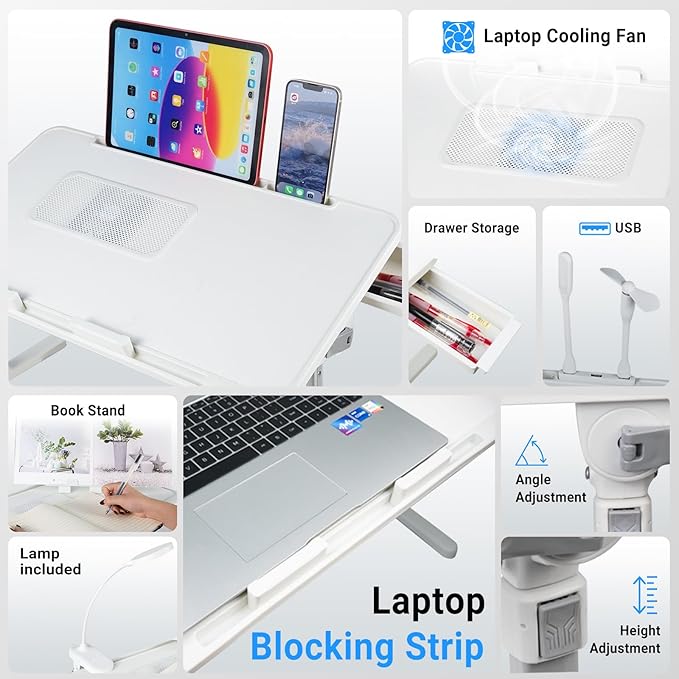 iXTRA Laptop Lap Desk with Cooling Fan - Adjustable with Light, USB, Storage Drawer - Folding Bed Desk,23.62"*15.74",White