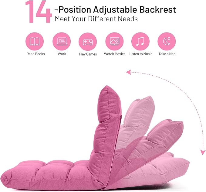 GORELAX Floor Chair with Back Support, 14-Poistion Adjustable Folding Gaming Chair Recliner, Meditation Chair with Steel Frame, Padded Lazy Sofa Chair for Adults, Kids (Pink)