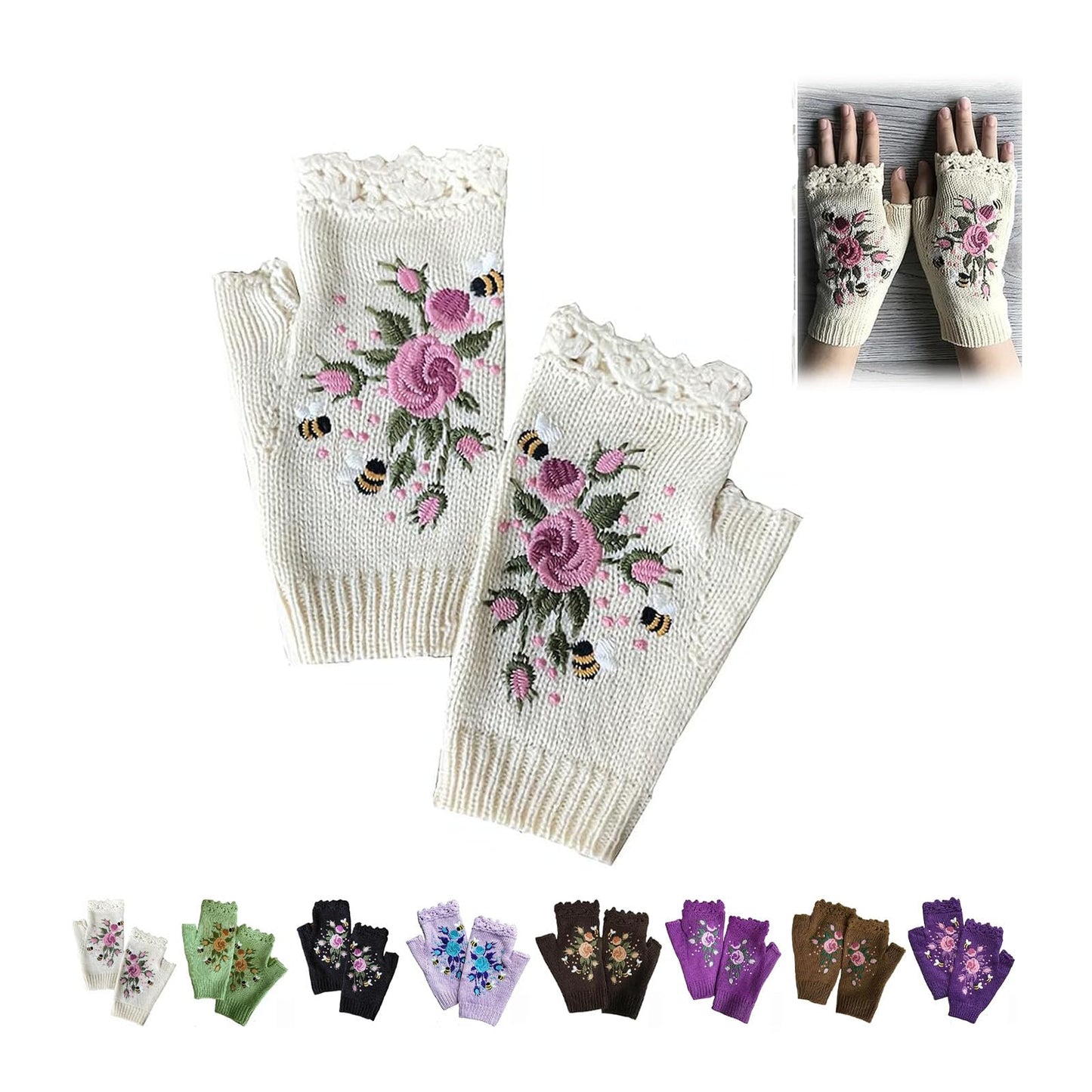 Firtideti Women's Hand Embroidered Knitted Flower Fingerless Gloves, White, One Size