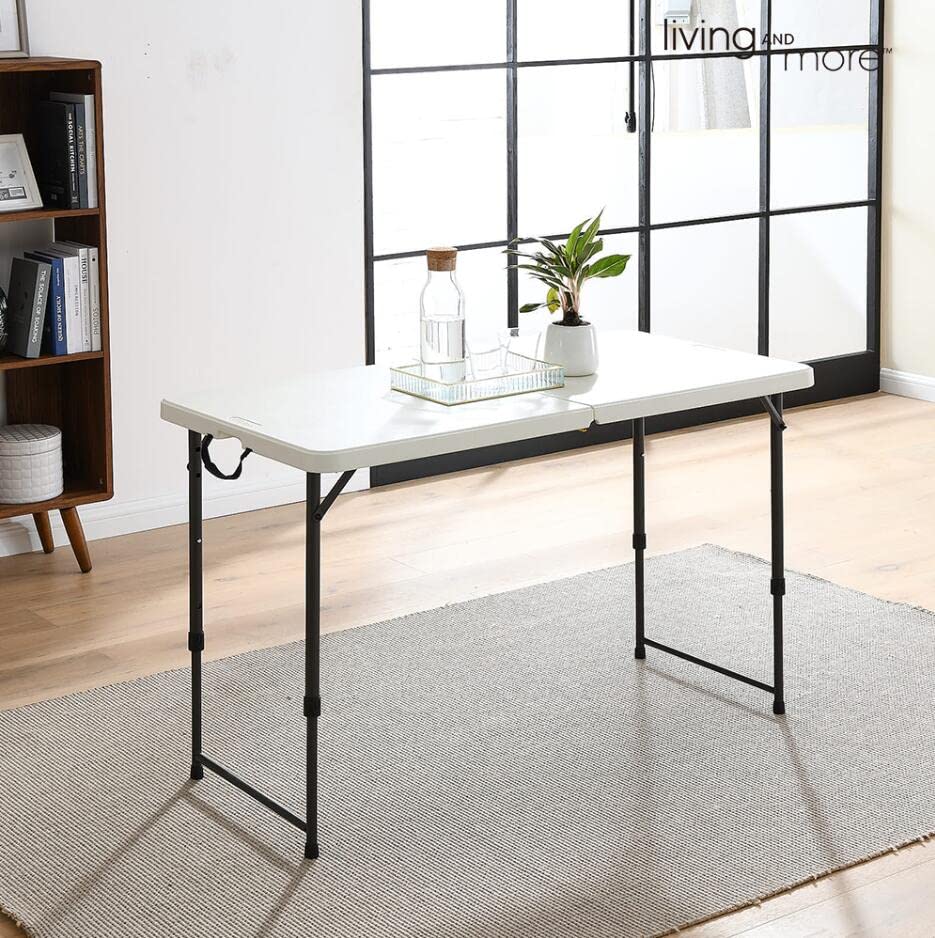 Living and More 4 Foot Height Adjustable Fold-in-Half Table with Carrying Handle, Easy Folding and Storage, Indoor Outdoor...