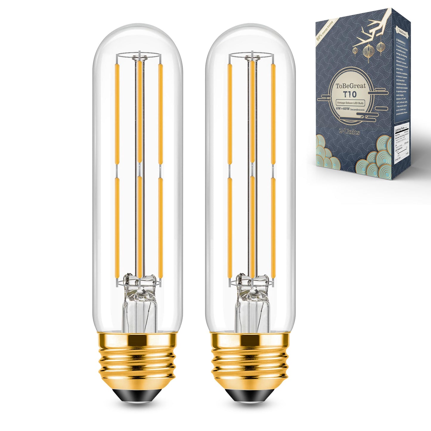 ToBeGreat T30 LED Light Bulbs 6 Watt Equivalent 60W E26 Tubular Bulbs T10 Edison LED Filament Bulb Warm White 2700K,Desk Lamp,Bedbroom Cafe Restaurant Party,Dimmable (Warm White 2700K, 5 in (2pack))