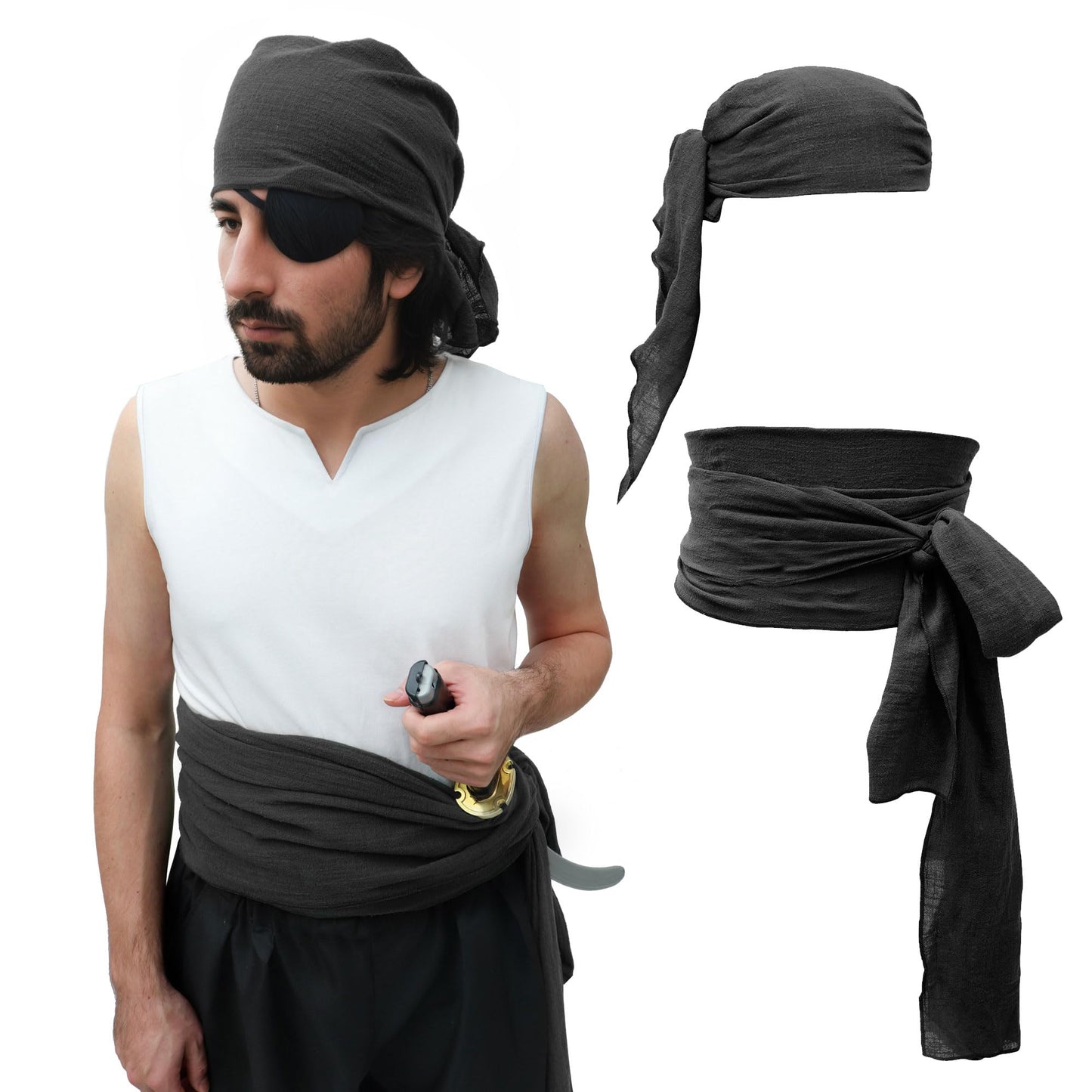 UJUROU Medieval Pirate Sash Bandana 2 PCS Linen Straps Wide Waist Belt and Headband Renaissance Costume Accessory (Black)