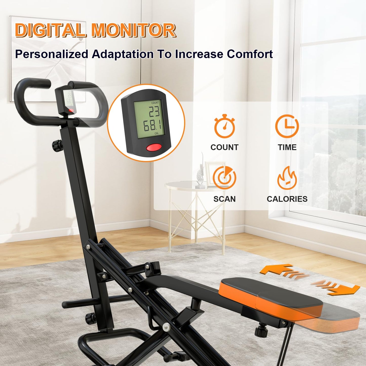 RIVANO Squat Machine, Ab Workout Equipment, 265lbs Loading Capacity Rowing Machines for Home Foldable with Adjustable Resistance Bands and Display, Exercise Trainer for Botty Butt Thighs, Black