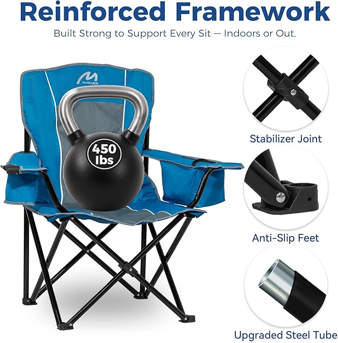 Matrasco Oversized Padded Camping Chair, Heavy-Duty Steel Frame for 450 lbs Supports, Convenient 6-Can Cooler, Portable Carry Bag, Perfect for Outdoor, Beach, and Hiking (Blue & Gray)