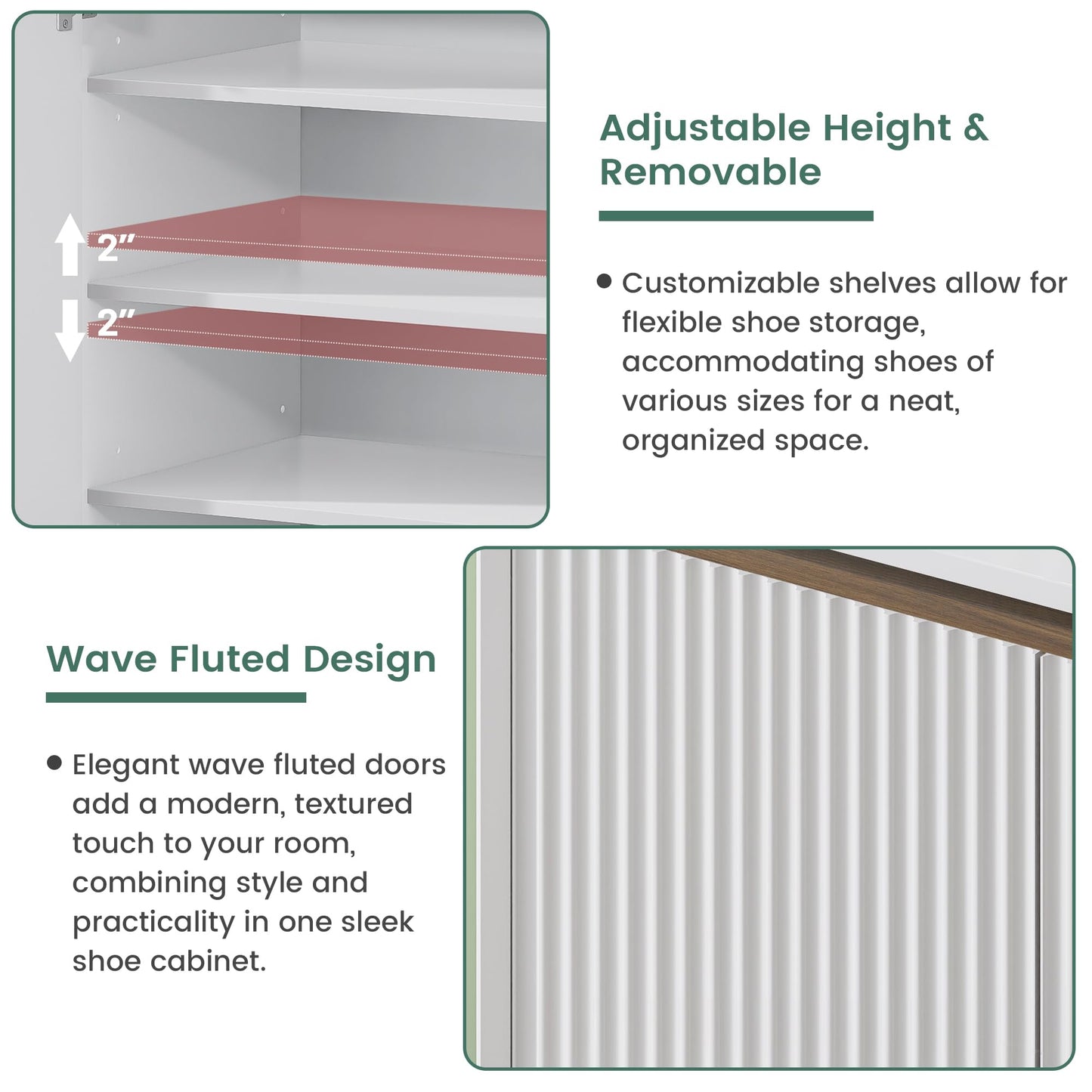 Tablyfurny White Shoe Cabinet for Entryway, 5-Tier Shoe Storage Cabinet with Doors and Shelves, 43.7" Tall Fluted Shoe Storage Organizer Cabinet, Wooden Shoe Rack Organizer for Hallway Closet