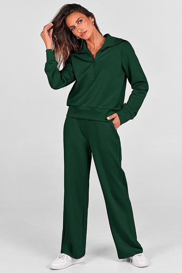 PRETTYGARDEN Women's 2 Piece Outfits Casual Lapel Half Zip Sweatshirts and Wide Leg Pants Tracksuit Sets