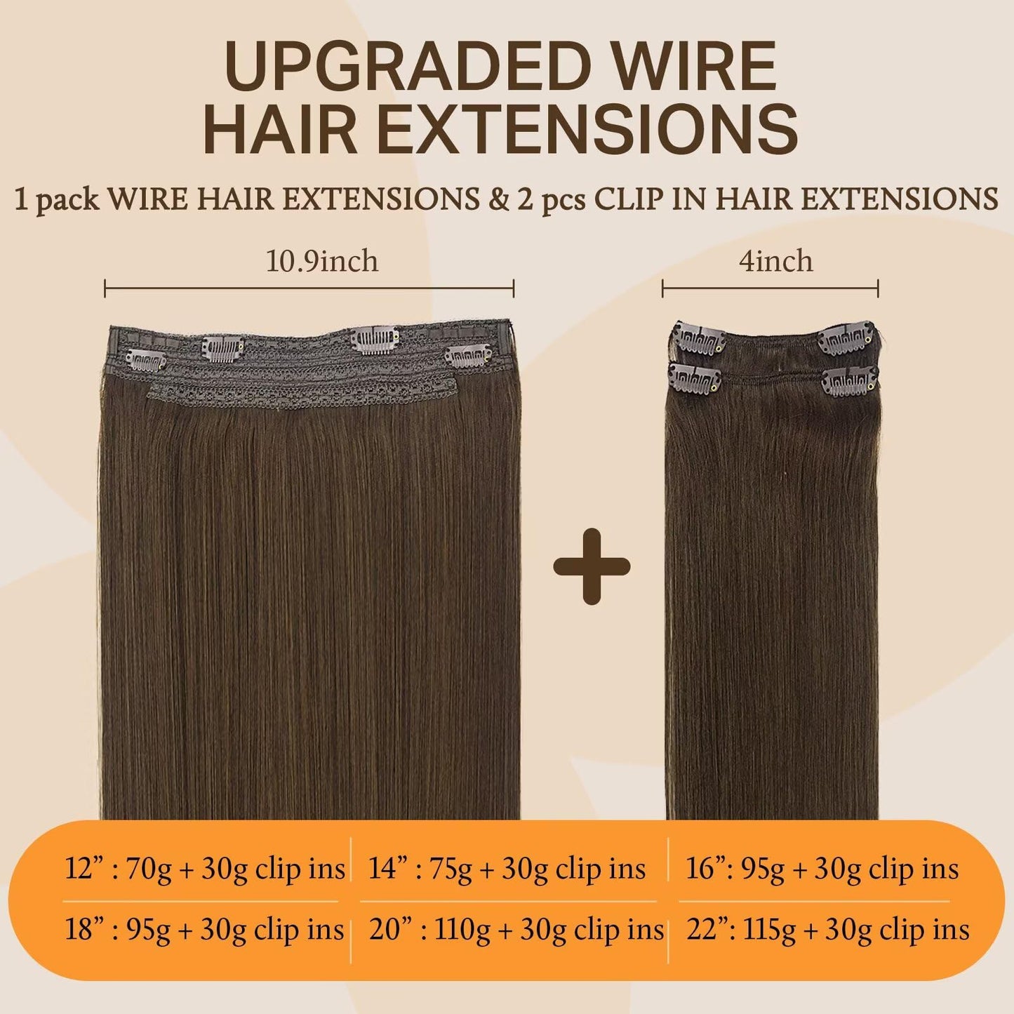 DOORES Wire Hair Extensions, Chocolate Brown 18 Inch 95g Fish Line Weft Extensions and 2pcs 30g Clip ins, 125g Invisible Wire Re