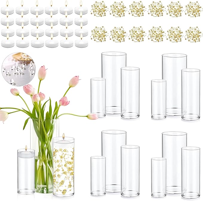 PNJHDZ Set of 12 Glass Cylinder Vases for Centerpieces with 8 Pack Vase Filler 12 Pearl String 24 White Floating Candles f...