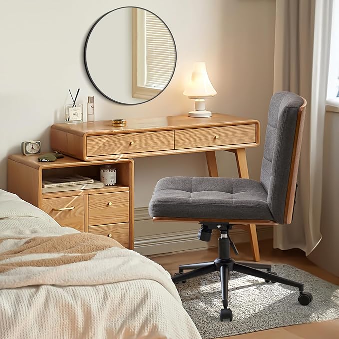 Furnimart FSC Wooden Wide Desk Chair, 360° Swivel Criss Cross Office Chair with Wheels, Comfy Cross Legged Sitting, Armless Height Adjustable Rolling Chair for Bedroom, Office, Vanity (Linen Gray)