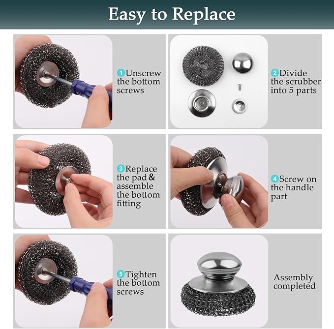 Stainless Steel Wool Scrubber Set, 2 Handles with 4 Replacement Pads, for Pots Pans Grills