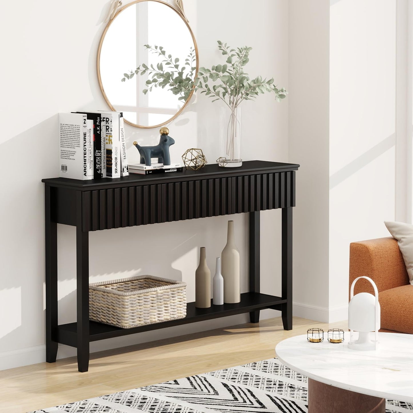 LAZZO Painted Wood Console Table Narrow Long Sofa Table Modern Behind Couch Table Fluted Entryway Table with 3 Drawers and Open Storage Shelf for Living Room, Foyer and Hallway Black (Black, 1 Tier)