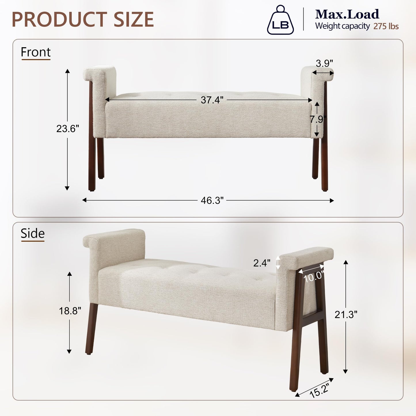 HUIMO Arms End of Bed Bench with Button Tufted Design, Indoor Bcench,Upholstered Entryway Bench and Solid Wood Legs for Bedroom,Hallway,Window Sill(Beige)