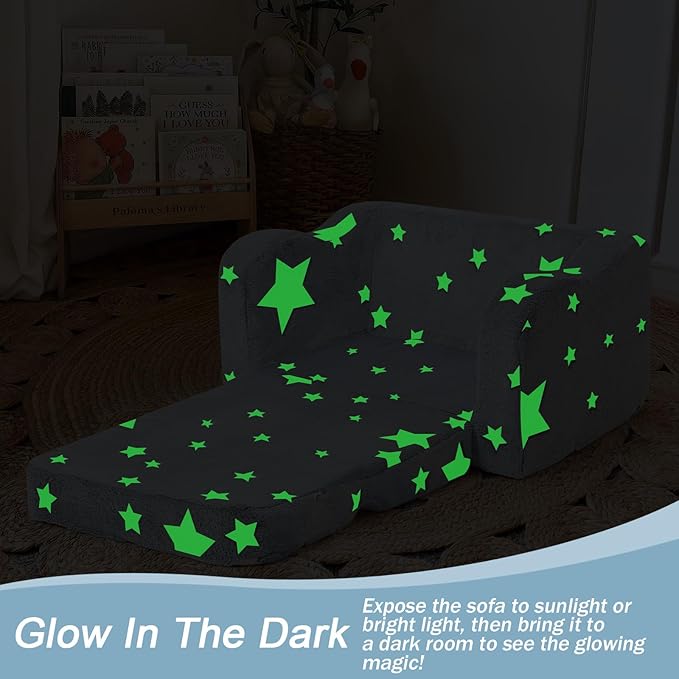 MeMoreCool Kids Glow Star Sofa Chair – 2-in-1 Foldable Toddler Lounger, Gray | Convertible Couch for Playroom or Nursery | Soft Foam Seat | Removable & Washable Cover | Glows in The Dark