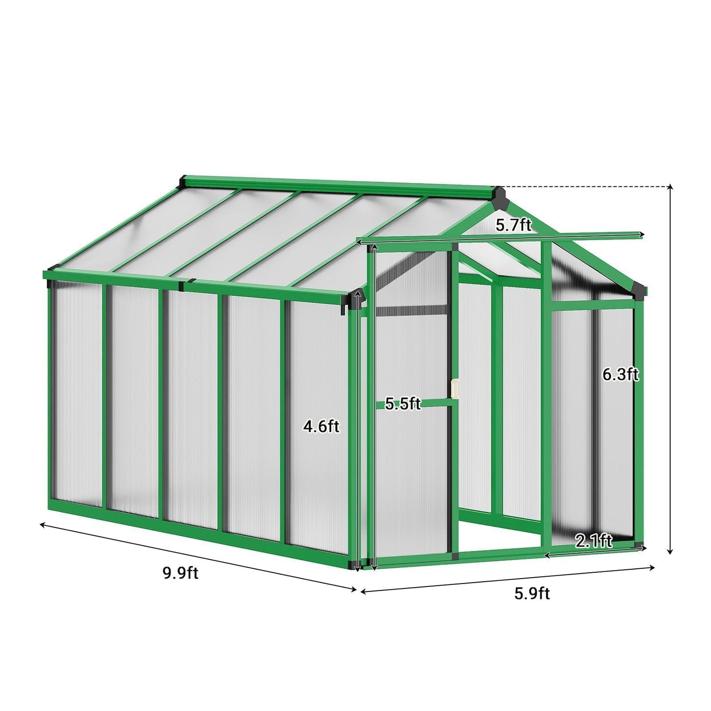 6x10 FT Greenhouse, Easy Assembly Aluminum Polycarbonate Greenhouses for Outdoors with Roof Vent, Large Aluminum Walk-in Greenhouse for Sunroom Patio, Backyard, Garden, Sliding Lockable Door, Green
