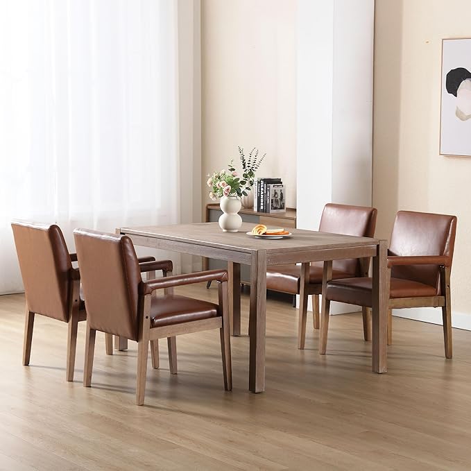 DM Furniture Mid Century Modern Dining Chairs Set of 4 Faux Leather Upholstered Accent Chairs Comfy Kitchen Chairs with Solid Wood Frame Armchair for Living Room, Brown