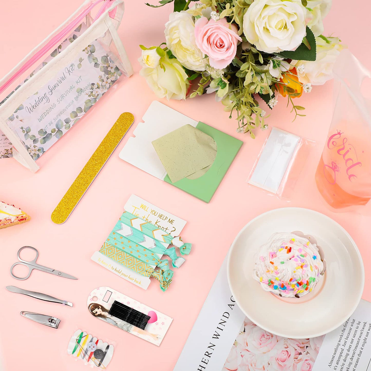 132 Pieces Wedding Survival Kit Bridal Mini Emergency Kit Bridal Party Proposal Gifts for Women with Makeup Bags Floral Wedding