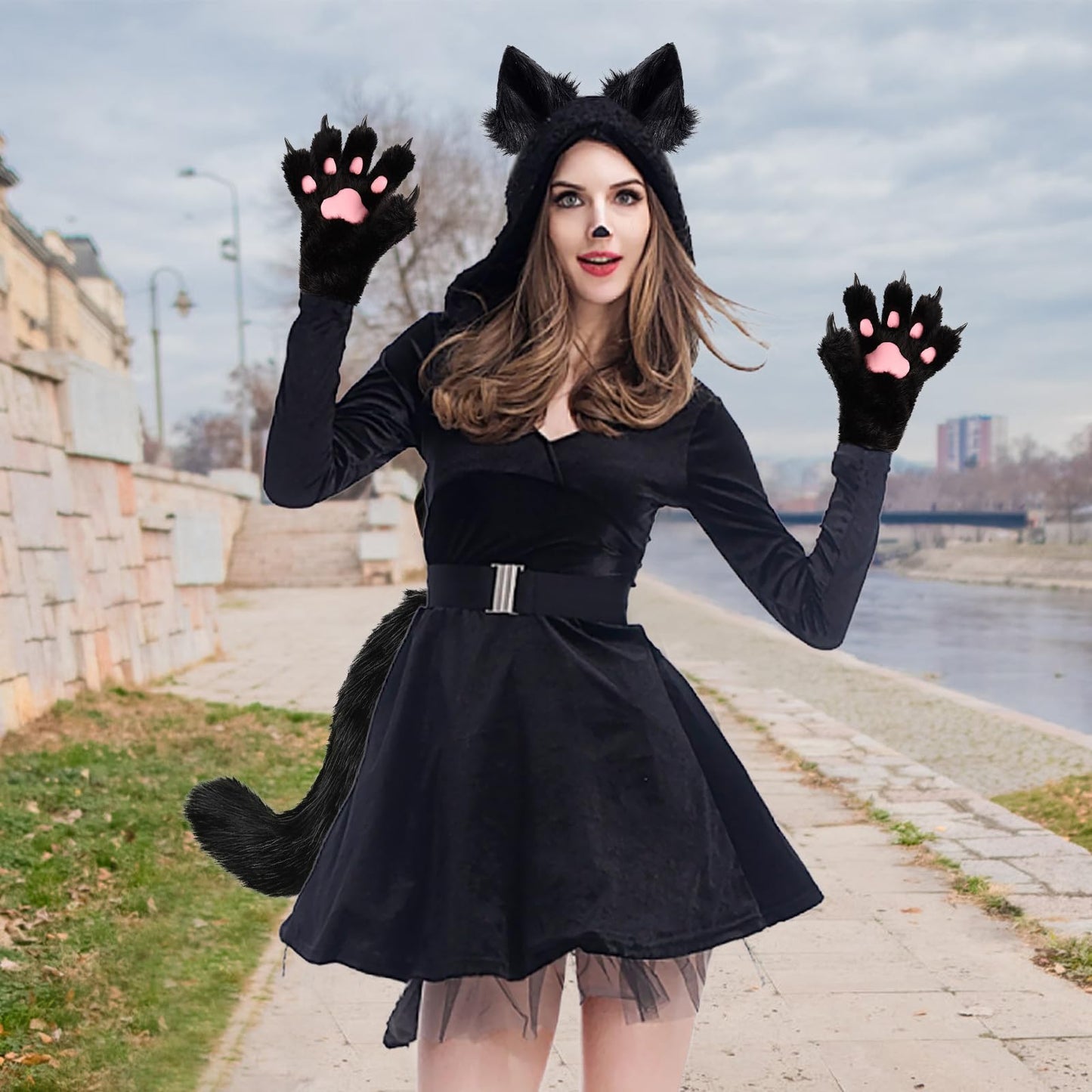 COSYEARS Fox Wolf Ears Headband Furry Tail Plush Cat Paw Mittens Gloves Set Halloween Party Cosplay Costumes Accessories