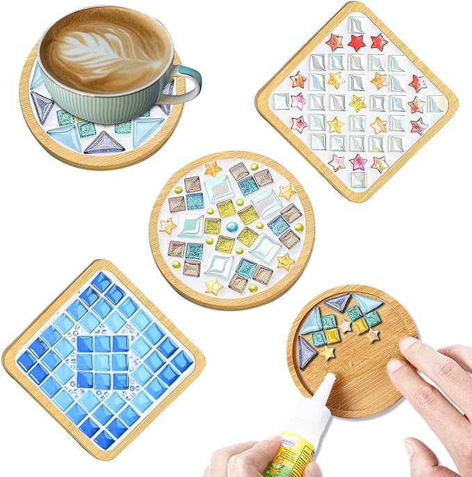 WATHFKCU 4 Sets DIY Glass Mosaic Tiles for Crafts,Mixed Color Mosaic Kits with Wooden Coaster for Adults,Mosaic Crafts Mat...