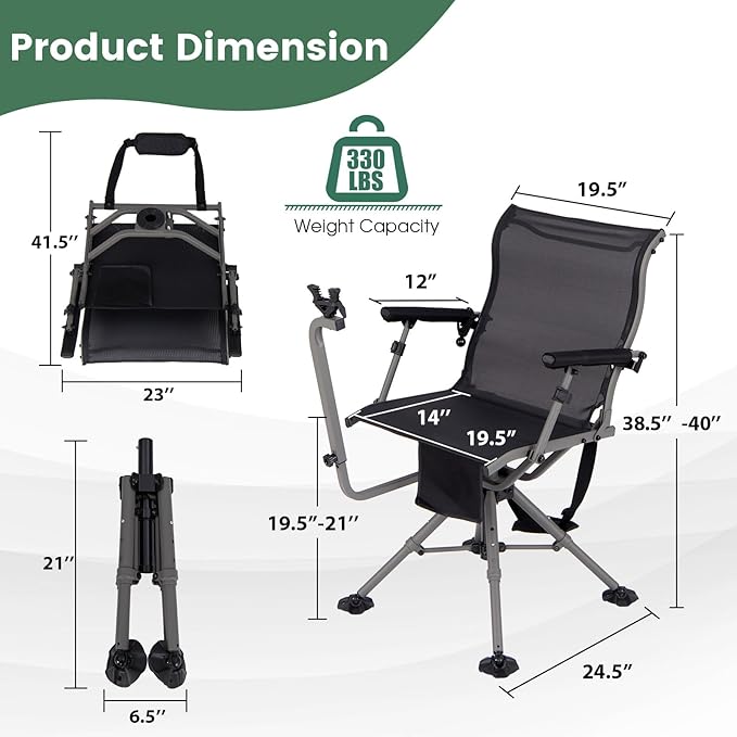 GYMAX Hunting Chair with Gun Rest, 360° Swivel Hunting Blind Chair w/Adjustable Height & Armrest, All-Terrain Duck Feet, Shoulder Strap, 330 LBS Folding Outdoor Ground Blind Seat