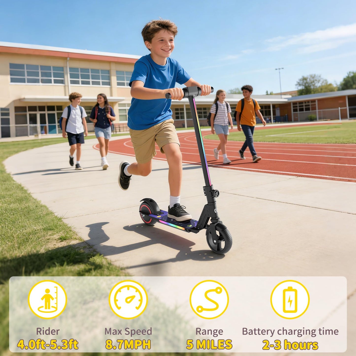 SIMATE Electric Scooter for Kids, Motorized E-Scooters with Colorful Front Light and Pedal Lights, LED Display & Foldable, Dual Braking System, Top 8.7mph & 5 Miles, Gifts for Kids, Girls, Boys, Teens