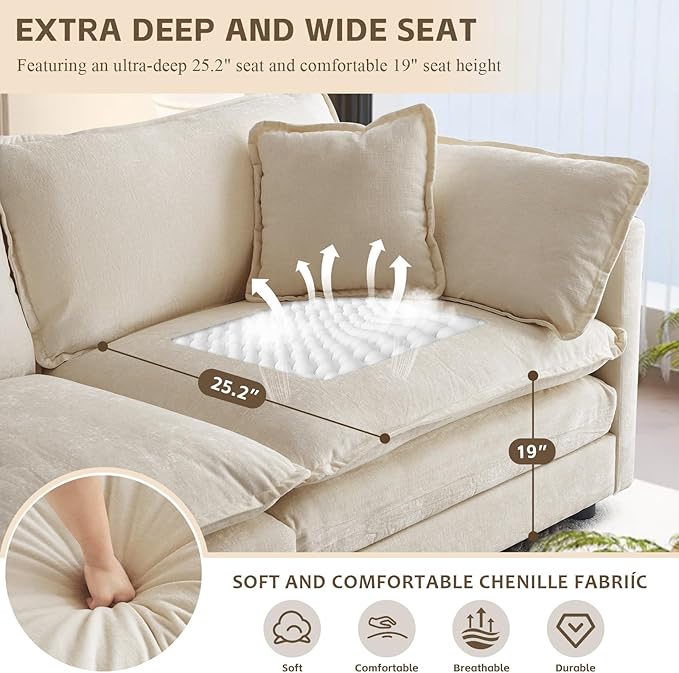 SoarFlash Chenille Sectional Sofa, Comfy Modular Loveseat Sofa, Modern 3-Seat Couch Deep Seat Sofa Set for Living Room,Light Coffee
