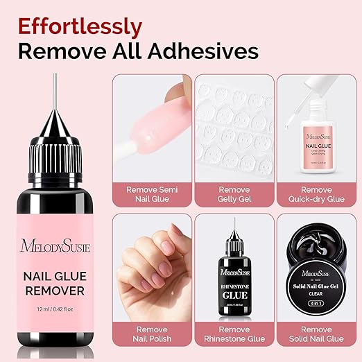 MelodySusie 2PCS Nail Glue Remover for Press on Nails, Acetone Free Nail Polish Remover Multi-Functional Liquid for Removing Glue from Nail Tips Full Cover Nails for Home and Salon Use