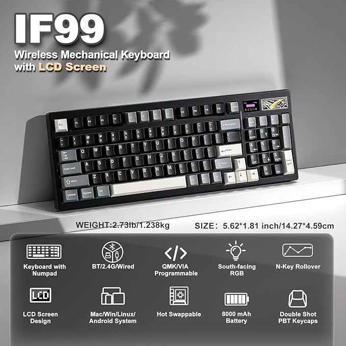 YUNZII IF99 Wireless Mechanical Gaming Keyboard with Smart LCD Display, QMK/VIA Programmable BT/2.4G/USB-C Gasket Mounted Hot Swap RGB 96% Layout for Mac/Win (Black, Cocoa Cream V2 Switch)