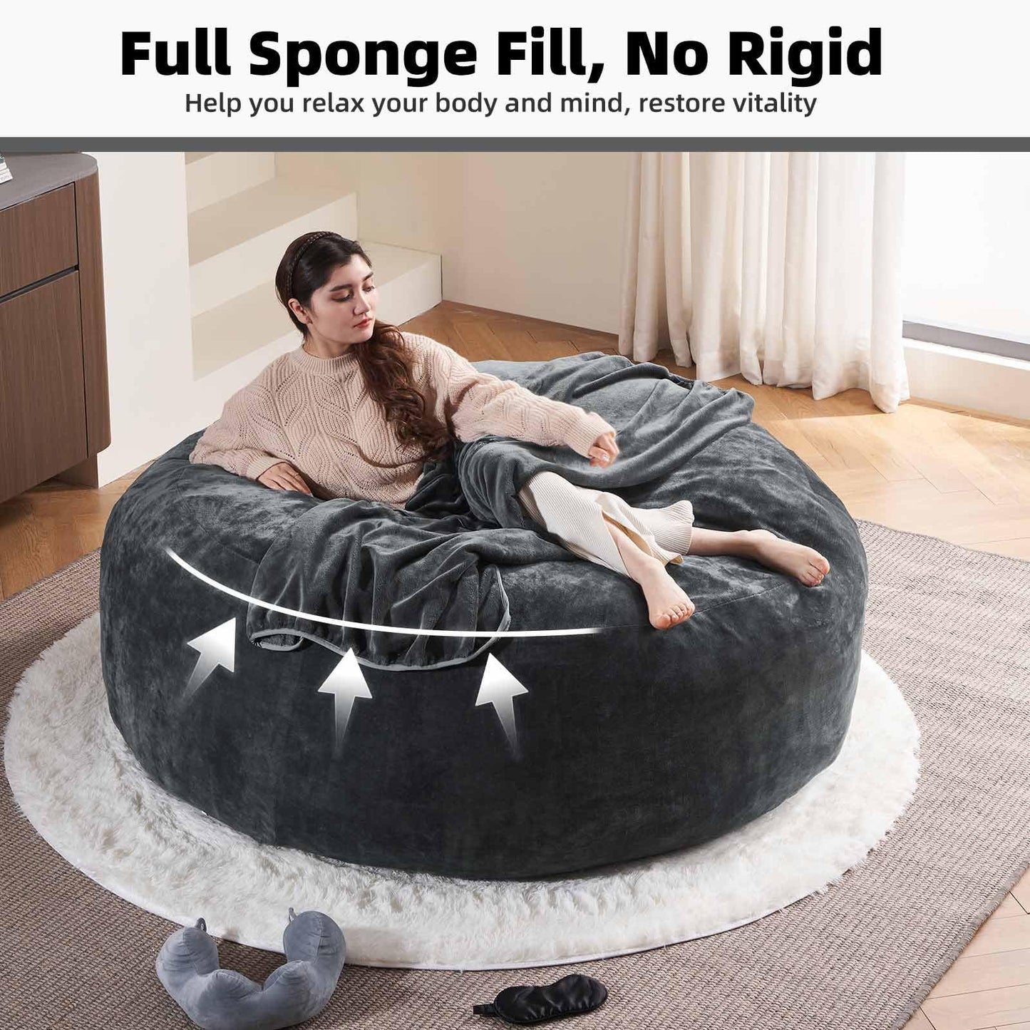 7FT,Oversized Bean Bag Chairs for Adults，Bean Bag Chair with Filler Included，Giant Bean Bag Chair Covered with Flannel Cover, Living Room Furniture, Suitable for Bedroom and Dormitory. (Dark Gray)