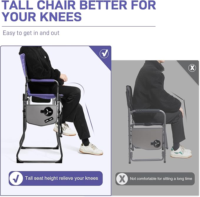 EVER ADVANCED Portable 30.7" Seat Height Tall Folding Chair Directors Chair High Foldable Bar Stool with Side Table for Makeup Artist, Camping, Sports Event, Craft Show, Supports 350LBS Purple