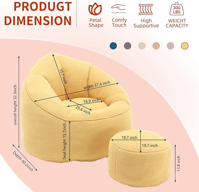 Bean Bag Chairs, Gaint Bean Bag Couch with Memory Foam for Adults and Kids, Microfiber Upholstered Sofa with Ottoman, Comfy Lazy Bean Bag Reading Chair for Living Room