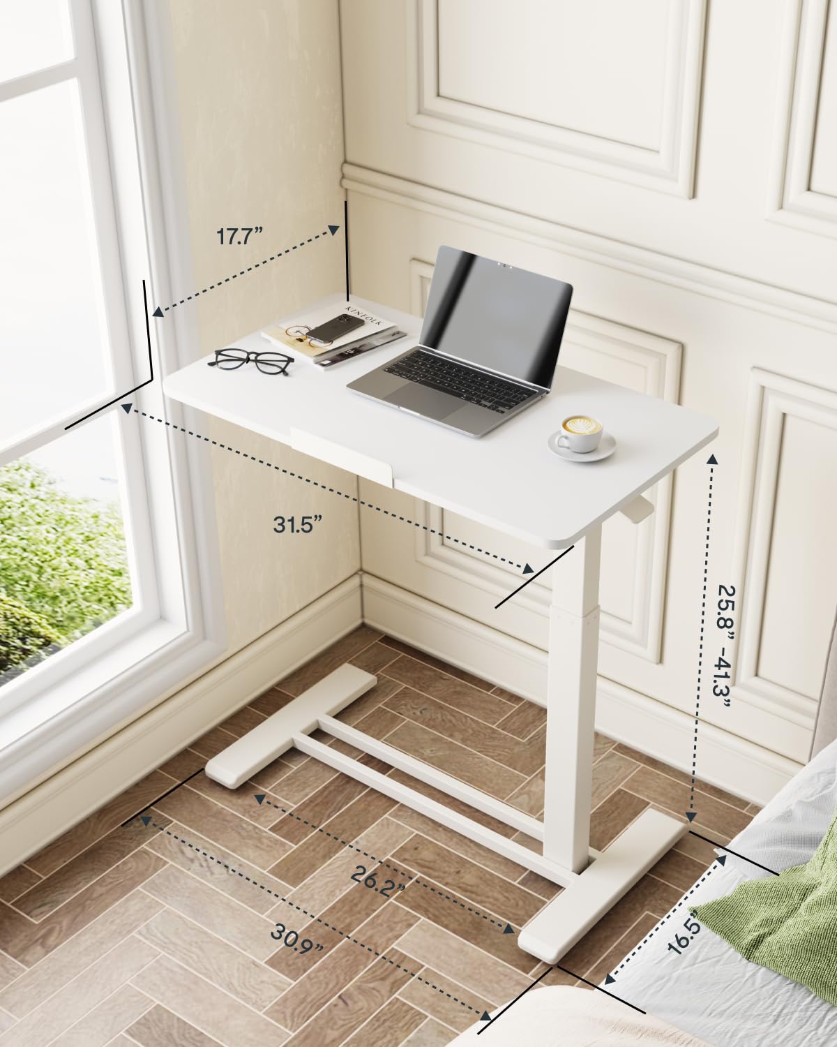 FLEXISPOT H7 PRO Mobile Standing Desk Adjustable Overbed Table Pneumatic with Wheels 90°Tiltable Portable Laptop Desk Rolling Computer Cart Foldable Bedside Table(31.5" W x 17.7" D, White)