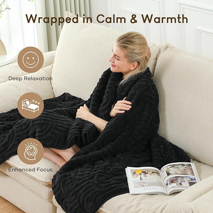 Cottonblue Weighted Blanket for Adults 15 lbs Twin Size, Cozy Fluffy Sherpa Fleece Jacquard Weighted Throw Blankets 48" x 72" for Sleep Relax, Fuzzy Warm Arch Heavy Blanket Soft for Bed Couch, Black