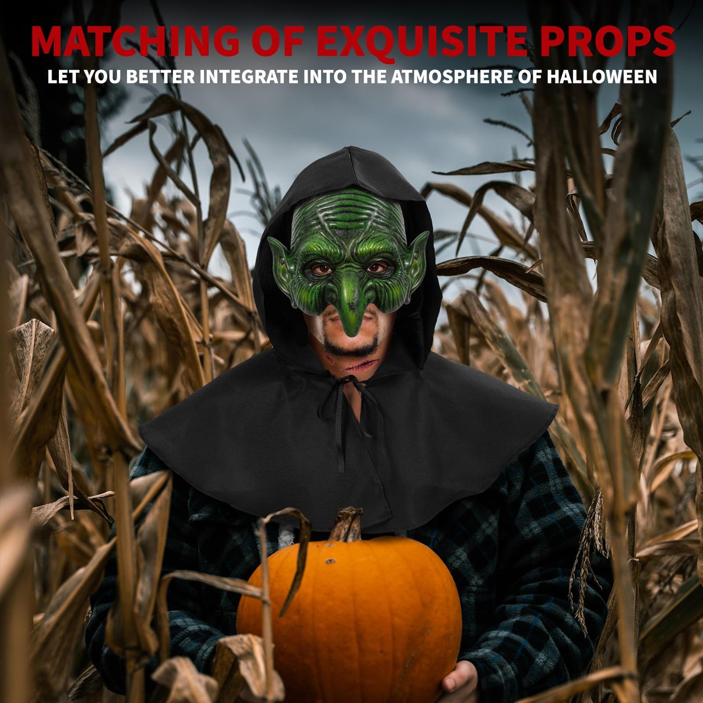 YUIQPKJX Old Witch Mask Adult Scary Masks Goblin Costume Accessory with Hood Sticker Halloween Mardi Gras Men Women Cosplay Props
