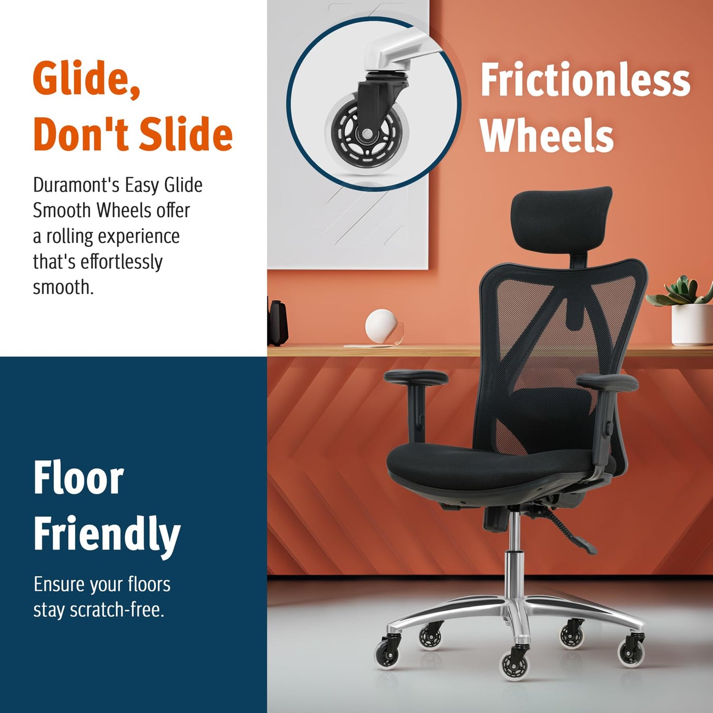 Duramont Ergonomic Office Chair with Rollerblade Wheels - High Back Breathable Mesh Desk Chair, 4D Lumbar Support, Memory Foam Seat, Adjustable Headrest and Armrests, Reclines, Black