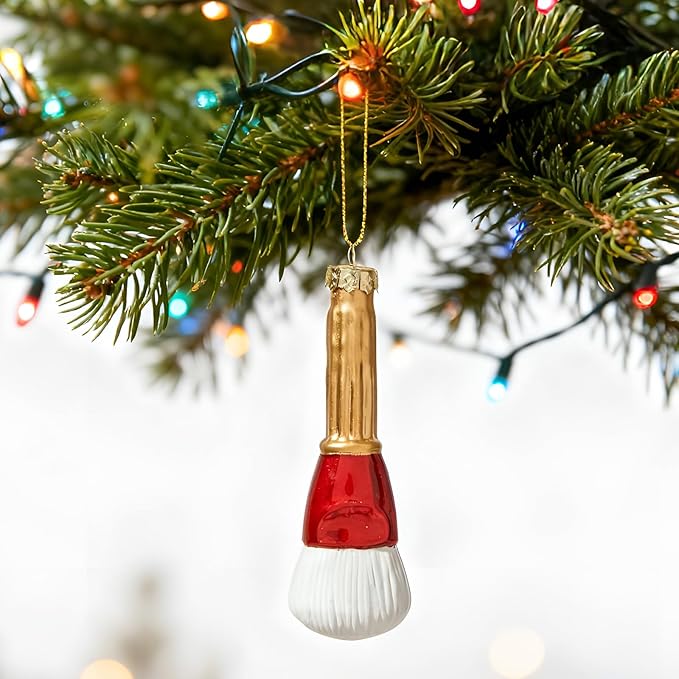 WDS WONDROUS Makeup Christmas Ornaments, Gold and Red Cosmetic Brush Glass Hanging Ornament Decoration, Cosmetic Brush Ornament Set for Christmas Tree Decor Holiday Party Home Gift